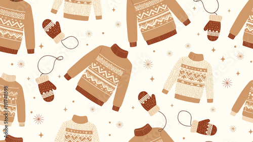 Cozy seamless pattern featuring various winter sweaters and knitted mittens in warm brown and white tones with stars.