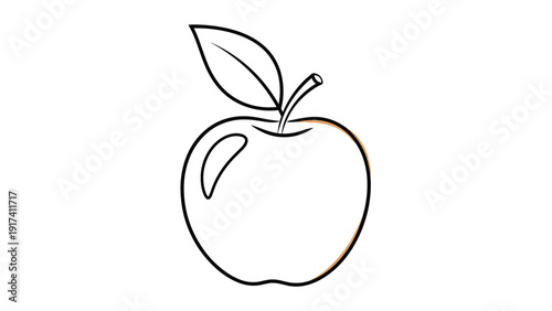 Simple black and white outline drawing of a ripe apple with a stem and leaf for coloring or educational purposes.