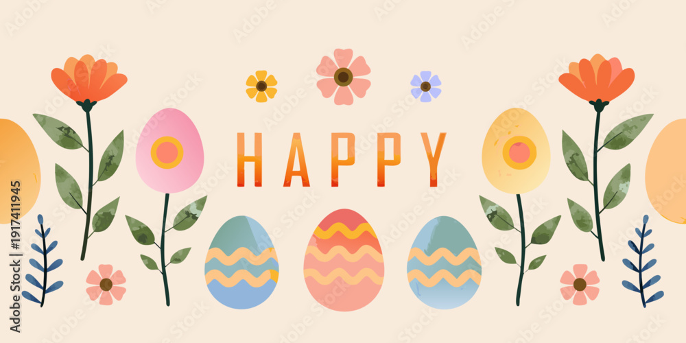 Ταπετσαρία Watercolor easter eggs and blossoming flowers with a happy message