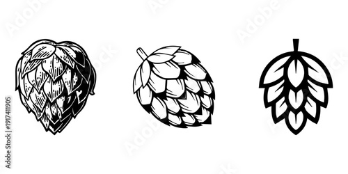 Minimalist vector hop cone and birch leaf icon set eight black silhouettes top view side view botanical elements for brewing and herbal design label sticker logo