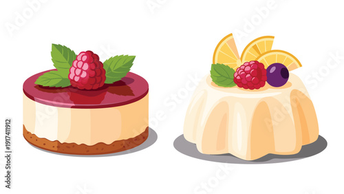 Elegant dessert selection featuring a raspberry-topped cheesecake and a creamy custard pudding decorated with citrus and berries.