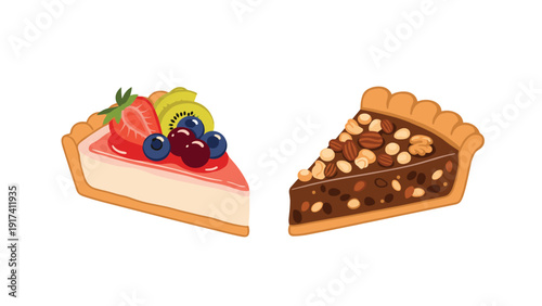 Two delicious slices of pastry including a fruit tart topped with strawberries and kiwi and a rich chocolate nut pie.