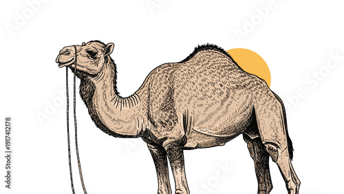 Detailed hand drawn illustration of a dromedary camel standing in profile against a simple yellow sun background.