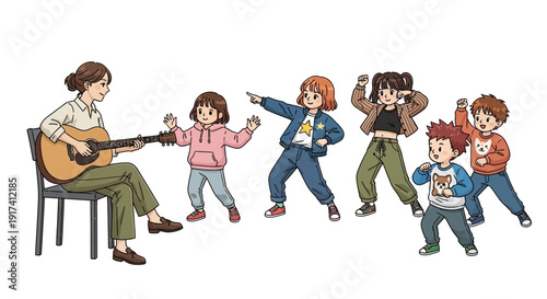 A woman plays guitar while children dance energetically around her indoors.