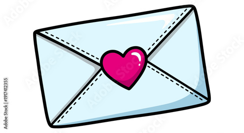 A cartoon illustration of a light blue envelope with a pink heart on it