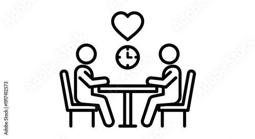 Two people sitting at a table with a clock and heart above them