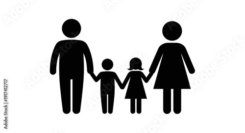 Family illustration shows a man, woman, boy, and girl holding hands together