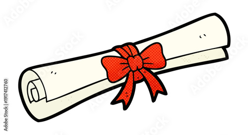 A cartoon-style illustration of a rolled up certificate with a red bow.