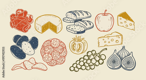 Variety of food items including cheese, fruits, and bread on a table indoors