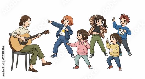A woman plays guitar as children dance and sing around her indoors