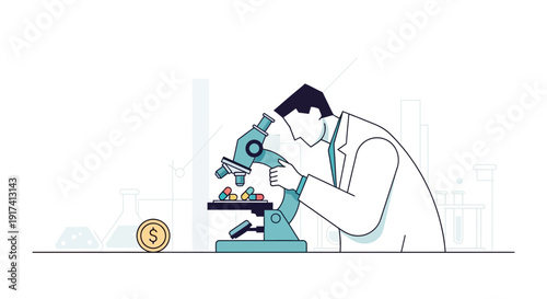 Scientist examines medicine capsules with a microscope, symbolizing pharmaceutical research and investment