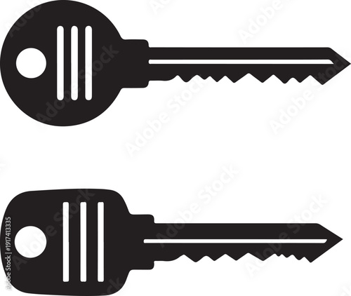 Black silhouette key icon set featuring round and rectangular head shapes with jagged edges on long metal shafts suitable for security lock and access concepts now