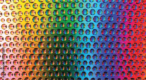 Close-up of water droplets on a surface, creating a vibrant rainbow gradient from yellow to red. The droplets magnify the colors, evoking a sense of wonder.