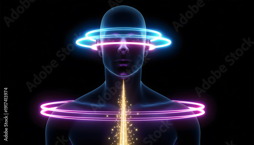 3D render of a glowing human figure with vibrant blue and purple energy rings circling the head and chest, and golden particles emanating from the core, set against a dark background.