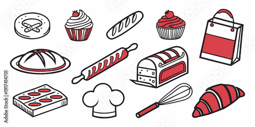Assorted bakery items and kitchen utensils illustrated in a whimsical style