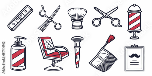 Assorted barber and hairdressing tools including scissors, razor, comb, and hair spray.