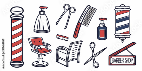 An assortment of barber tools and accessories laid out on a white background