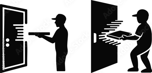 Pizza delivery man silhouette in front of door, minimal food delivery concept, perfect for restaurant branding, delivery apps and takeaway visuals