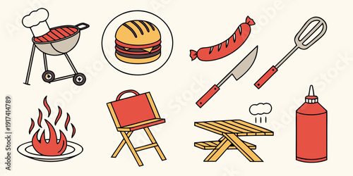 A colorful illustration of various barbecue tools and items around a campfire