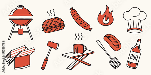 Assorted cooking tools and ingredients including sausages and a chef's hat