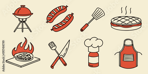 A collection of cooking utensils and food items for a barbecue party.
