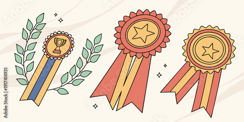 Three colorful ribbons with rosettes on a white background