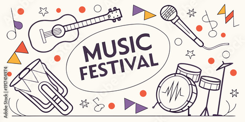 Colorful illustration of musical instruments and notes for a vibrant music festival celebration