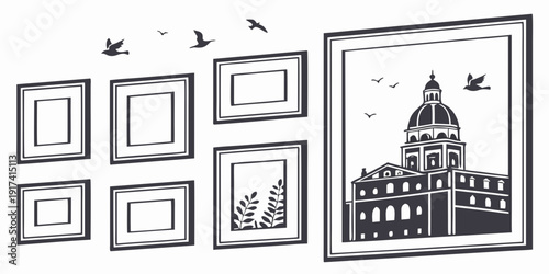 A collection of framed pictures on a wall with a large painting of a building.