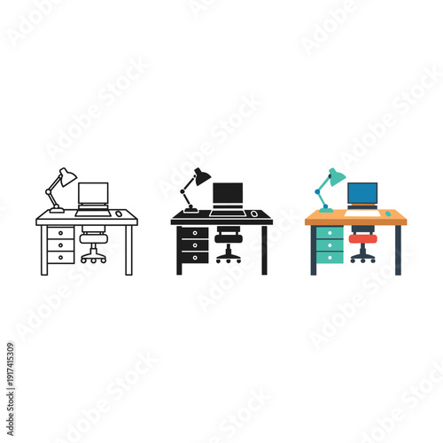 Three office desks with computers and lamps on them Vector