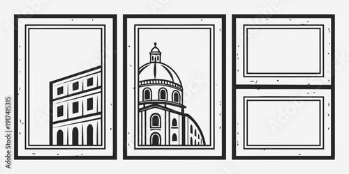 Three framed pictures on a wall, two filled with architectural drawings and one empty