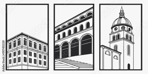 Three distinct architectural structures showcasing diverse building designs and styles.