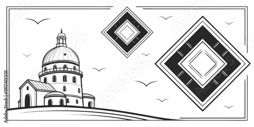 A detailed illustration of a historic building with geometric shapes and clouds