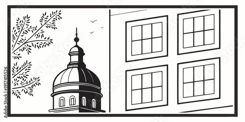 A picturesque view of a church tower framed by a window and nature