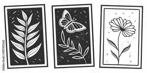 Three distinct botanical illustrations showcasing a leaf, a flower, and a daisy