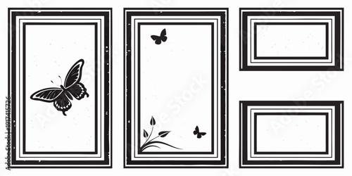 Three framed pictures with butterfly and floral designs on a white wall