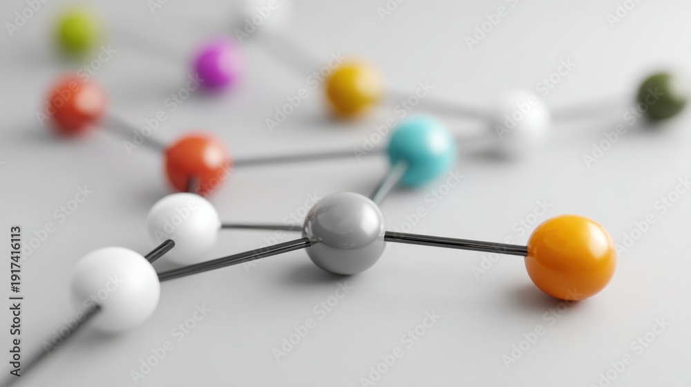 Fototapeta premium Connected network with colorful nodes and links, illustrating concepts of communication, technology, and interconnectedness. The abstract design conveys a sense of unity and structure