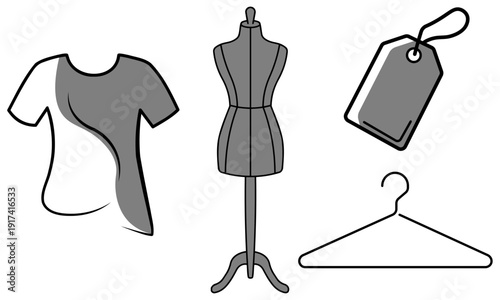 Simple **Black and White Fashion Icon Set** - Tailor Dummy, Clothing, **Sale Tag** and Hanger Vector