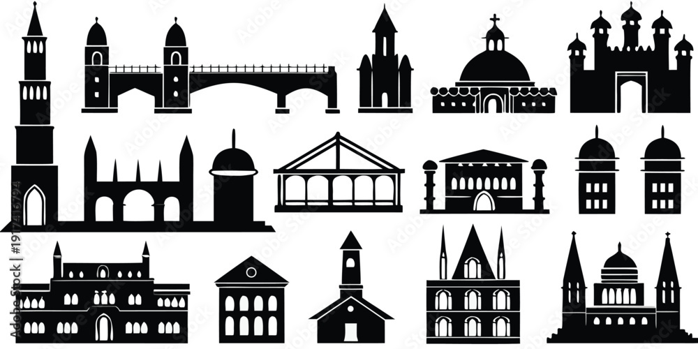 Fototapeta premium Collection of Historical Building Silhouettes on White