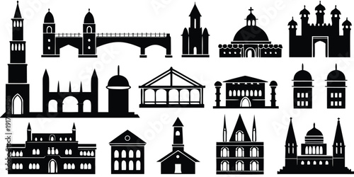 Collection of Historical Building Silhouettes on White