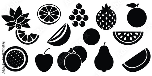 Black Silhouette Fruit Icons Set on White