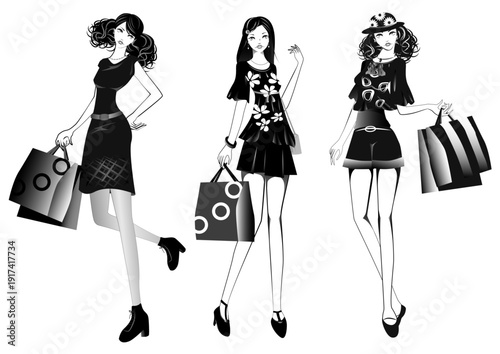 ショッピング、女性、モノクロ