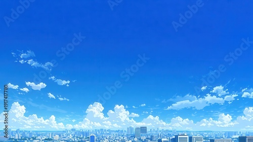 青空と雲広がる都市パノラマ 近未来シティイラスト
