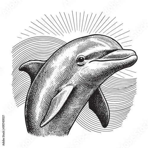 Dolphin portrait laser engraving design, vintage woodcut engraving vector illustration, detailed hand drawn ink line art marine mammal with sun rays and ocean curves for CNC etching