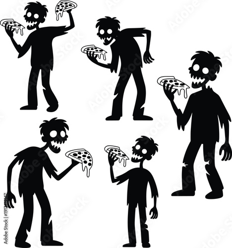 Funny zombie silhouette set eating pizza slices vector illustration, spooky undead characters for Halloween party design