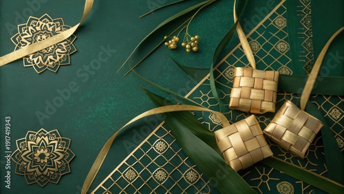 Ketupat and Raya Decorations with Gold and Green Accents