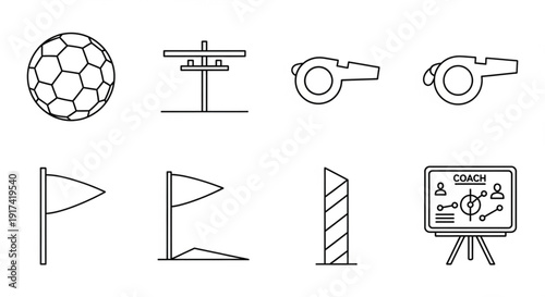 Soccer Essentials Icon Set – Ball, Goalpost, Whistle, Corner Flags & Coach Tactics Board