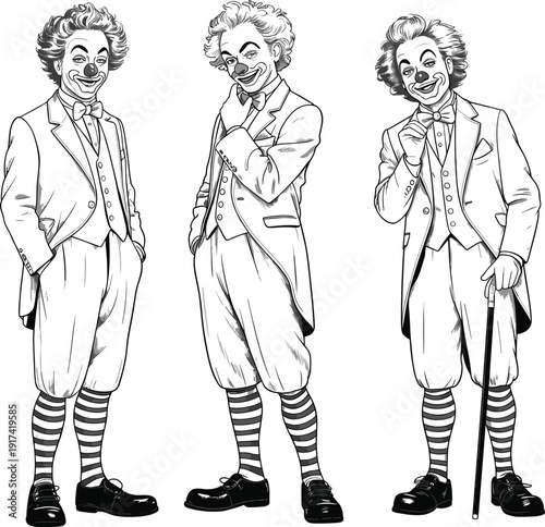 Vintage circus clown vector illustration set, funny performers in suits and bow ties for retro design