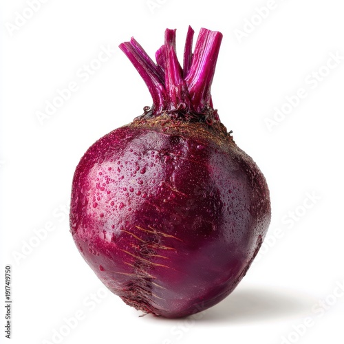 Single Fresh Beetroot With Green Stems And Dark Purple Skin Isolated On White Studio Background