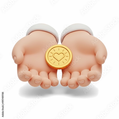 Open Hands Offering A Golden Coin With Heart Symbol