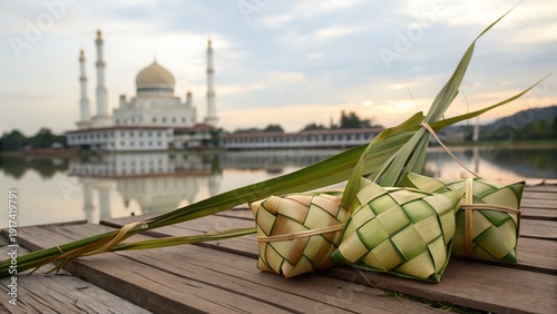 Ketupat with Mosque in Background during Islamic Celebration